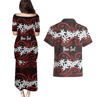 Personalised Cook Islands Atiu Enuamanu Couples Matching Puletasi and Hawaiian Shirt Tiare Maori Polynesian Waves Tattoo