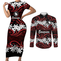 Personalised Cook Islands Atiu Enuamanu Couples Matching Short Sleeve Bodycon Dress and Long Sleeve Button Shirt Tiare Maori Polynesian Waves Tattoo
