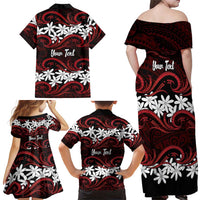 Personalised Cook Islands Atiu Enuamanu Family Matching Off Shoulder Maxi Dress and Hawaiian Shirt Tiare Maori Polynesian Waves Tattoo