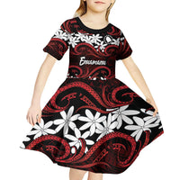 Personalised Cook Islands Atiu Enuamanu Kid Short Sleeve Dress Tiare Maori Polynesian Waves Tattoo
