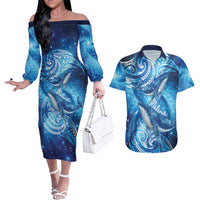 New Zealand Humpback Whale Matariki Couples Matching Off The Shoulder Long Sleeve Dress and Hawaiian Shirt Maori New Year Taniko Niho Taniwha