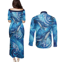 New Zealand Humpback Whale Matariki Couples Matching Puletasi and Long Sleeve Button Shirt Maori New Year Taniko Niho Taniwha