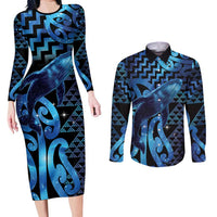 Humpback Whale Matariki New Zealand Couples Matching Long Sleeve Bodycon Dress and Long Sleeve Button Shirt NZ Maori Paikea Poutama Luxury Blue