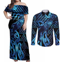Humpback Whale Matariki New Zealand Couples Matching Off Shoulder Maxi Dress and Long Sleeve Button Shirt NZ Maori Paikea Poutama Luxury Blue LT14 Blue - Polynesian Pride