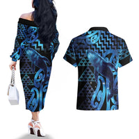 Humpback Whale Matariki New Zealand Couples Matching Off The Shoulder Long Sleeve Dress and Hawaiian Shirt NZ Maori Paikea Poutama Luxury Blue LT14 - Polynesian Pride