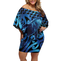 Humpback Whale Matariki New Zealand Off Shoulder Short Dress NZ Maori Paikea Poutama Luxury Blue