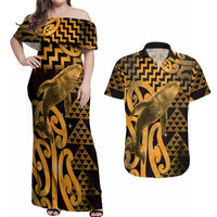 Humpback Whale Matariki New Zealand Couples Matching Off Shoulder Maxi Dress and Hawaiian Shirt NZ Maori Paikea Poutama Luxury Gold