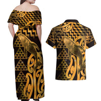 Humpback Whale Matariki New Zealand Couples Matching Off Shoulder Maxi Dress and Hawaiian Shirt NZ Maori Paikea Poutama Luxury Gold