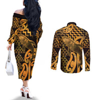 Humpback Whale Matariki New Zealand Couples Matching Off The Shoulder Long Sleeve Dress and Long Sleeve Button Shirt NZ Maori Paikea Poutama Luxury Gold
