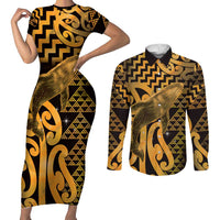 Humpback Whale Matariki New Zealand Couples Matching Short Sleeve Bodycon Dress and Long Sleeve Button Shirt NZ Maori Paikea Poutama Luxury Gold