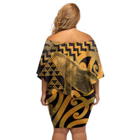 Humpback Whale Matariki New Zealand Family Matching Off Shoulder Short Dress and Hawaiian Shirt NZ Maori Paikea Poutama Luxury Gold LT14 - Polynesian Pride