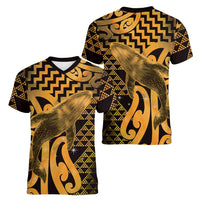 Humpback Whale Matariki New Zealand Women V-Neck T-Shirt NZ Maori Paikea Poutama Luxury Gold