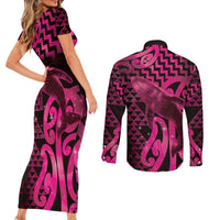 Humpback Whale Matariki New Zealand Couples Matching Short Sleeve Bodycon Dress and Long Sleeve Button Shirt NZ Maori Paikea Poutama Luxury Pink