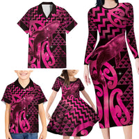 Humpback Whale Matariki New Zealand Family Matching Long Sleeve Bodycon Dress and Hawaiian Shirt NZ Maori Paikea Poutama Luxury Pink
