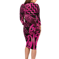 Humpback Whale Matariki New Zealand Long Sleeve Bodycon Dress NZ Maori Paikea Poutama Luxury Pink