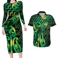 Humpback Whale Matariki New Zealand Couples Matching Long Sleeve Bodycon Dress and Hawaiian Shirt NZ Maori Paikea Poutama Luxury Green