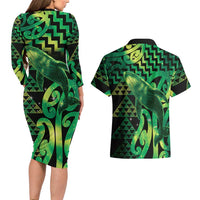Humpback Whale Matariki New Zealand Couples Matching Long Sleeve Bodycon Dress and Hawaiian Shirt NZ Maori Paikea Poutama Luxury Green