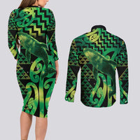 Humpback Whale Matariki New Zealand Couples Matching Long Sleeve Bodycon Dress and Long Sleeve Button Shirt NZ Maori Paikea Poutama Luxury Green