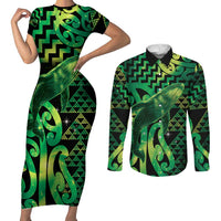 Humpback Whale Matariki New Zealand Couples Matching Short Sleeve Bodycon Dress and Long Sleeve Button Shirt NZ Maori Paikea Poutama Luxury Green