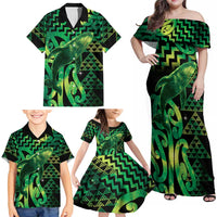 Humpback Whale Matariki New Zealand Family Matching Off Shoulder Maxi Dress and Hawaiian Shirt NZ Maori Paikea Poutama Luxury Green