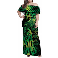 Humpback Whale Matariki New Zealand Family Matching Off Shoulder Maxi Dress and Hawaiian Shirt NZ Maori Paikea Poutama Luxury Green
