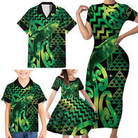 Humpback Whale Matariki New Zealand Family Matching Short Sleeve Bodycon Dress and Hawaiian Shirt NZ Maori Paikea Poutama Luxury Green