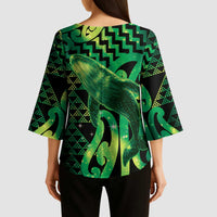 Humpback Whale Matariki New Zealand Kimono Sleeve Blouse NZ Maori Paikea Poutama Luxury Green