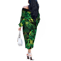 Humpback Whale Matariki New Zealand Off The Shoulder Long Sleeve Dress NZ Maori Paikea Poutama Luxury Green