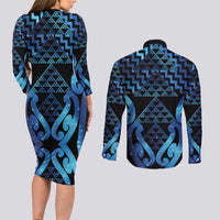 Taniko Motifs Matariki New Zealand Couples Matching Long Sleeve Bodycon Dress and Long Sleeve Button Shirt NZ Niho Taniwha Poutama
