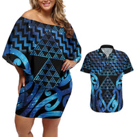 Taniko Motifs Matariki New Zealand Couples Matching Off Shoulder Short Dress and Hawaiian Shirt NZ Niho Taniwha Poutama