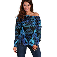 Taniko Motifs Matariki New Zealand Off Shoulder Sweater NZ Niho Taniwha Poutama LT14 Women Blue - Polynesian Pride