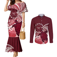 Cook Islands Mangaia Gospel Day Couples Matching Mermaid Dress and Long Sleeve Button Shirt Polynesian Art With Sea Turtle LT14 Maroon - Polynesian Pride