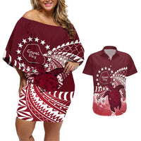 Cook Islands Mangaia Gospel Day Couples Matching Off Shoulder Short Dress and Hawaiian Shirt Polynesian Art With Sea Turtle LT14 Maroon - Polynesian Pride