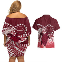 Cook Islands Mangaia Gospel Day Couples Matching Off Shoulder Short Dress and Hawaiian Shirt Polynesian Art With Sea Turtle LT14 - Polynesian Pride