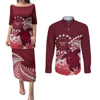 Cook Islands Mangaia Gospel Day Couples Matching Puletasi and Long Sleeve Button Shirt Polynesian Art With Sea Turtle LT14 Maroon - Polynesian Pride
