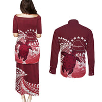 Cook Islands Mangaia Gospel Day Couples Matching Puletasi and Long Sleeve Button Shirt Polynesian Art With Sea Turtle LT14 - Polynesian Pride