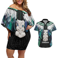 Aotearoa Korowai Motif Couples Matching Off Shoulder Short Dress and Hawaiian Shirt Hei Tiki Poutama Maori Pattern