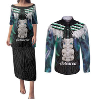 Aotearoa Korowai Motif Couples Matching Puletasi and Long Sleeve Button Shirt Hei Tiki Poutama Maori Pattern