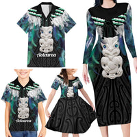 Aotearoa Korowai Motif Family Matching Long Sleeve Bodycon Dress and Hawaiian Shirt Hei Tiki Poutama Maori Pattern
