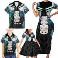 Aotearoa Korowai Motif Family Matching Short Sleeve Bodycon Dress and Hawaiian Shirt Hei Tiki Poutama Maori Pattern