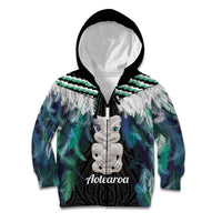 Aotearoa Korowai Motif Kid Hoodie Hei Tiki Poutama Maori Pattern LT14 Zip Hoodie Turquoise - Polynesian Pride