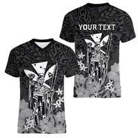 Personalised King Kamehameha Day Hawaii Women V Neck T Shirt Polynesia Tribal Kanaka And Hibiscus Black LT14 - Polynesian Pride