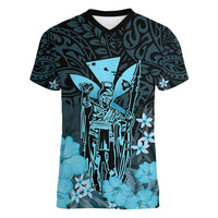 Polynesian Pride King Kamehameha Day Hawaii Women V Neck T Shirt Polynesia Tribal Kanaka And Hibiscus Turquoise LT14 Female Turquoise - Polynesian Pride