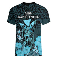 Polynesian Pride King Kamehameha Day Hawaii Women V Neck T Shirt Polynesia Tribal Kanaka And Hibiscus Turquoise LT14 - Polynesian Pride
