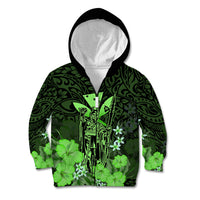 Personalised King Kamehameha Day Hawaii Kid Hoodie Polynesia Tribal Kanaka And Hibiscus Green LT14 Zip Hoodie Green - Polynesian Pride