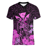 Polynesian Pride King Kamehameha Day Hawaii Women V Neck T Shirt Polynesia Tribal Kanaka And Hibiscus Pink LT14 Female Pink - Polynesian Pride