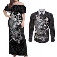 Guam Blue Marlin Fishing Couples Matching Off Shoulder Maxi Dress and Long Sleeve Button Shirt Guahan Fish Hook Tattoo Black Version LT14 Black - Polynesian Pride