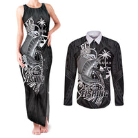 Guam Blue Marlin Fishing Couples Matching Tank Maxi Dress and Long Sleeve Button Shirt Guahan Fish Hook Tattoo Black Version LT14 Black - Polynesian Pride