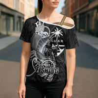 Guam Blue Marlin Fishing Cross Shoulder Shirt Guahan Fish Hook Tattoo Black Version