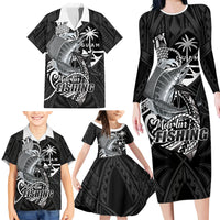 Guam Blue Marlin Fishing Family Matching Long Sleeve Bodycon Dress and Hawaiian Shirt Guahan Fish Hook Tattoo Black Version